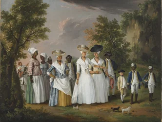 Frie fargede kvinner med sine barn og tjenere i et landskap, 1770-1796